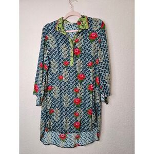 Benares Womens M Floral Geometric‎ High Low Tunic Top Blue Red Green Rose Mixed